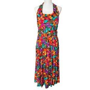 Vintage‎ Paquette Too Floral Halter Dress Size 14 Made USA Rayon Belted